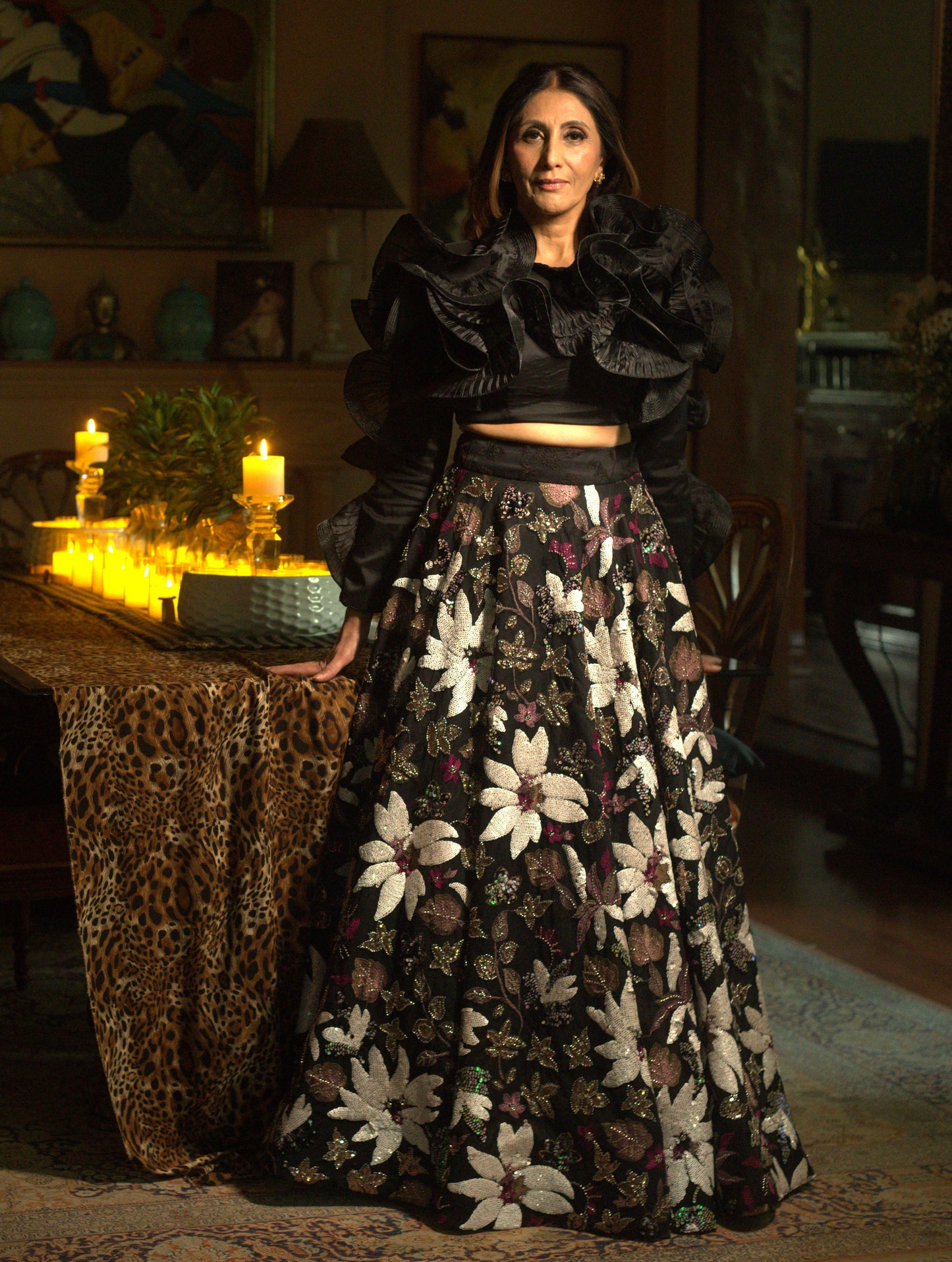 Black Ruffle Crop Top & Heavy Floral Embroidered Skirt