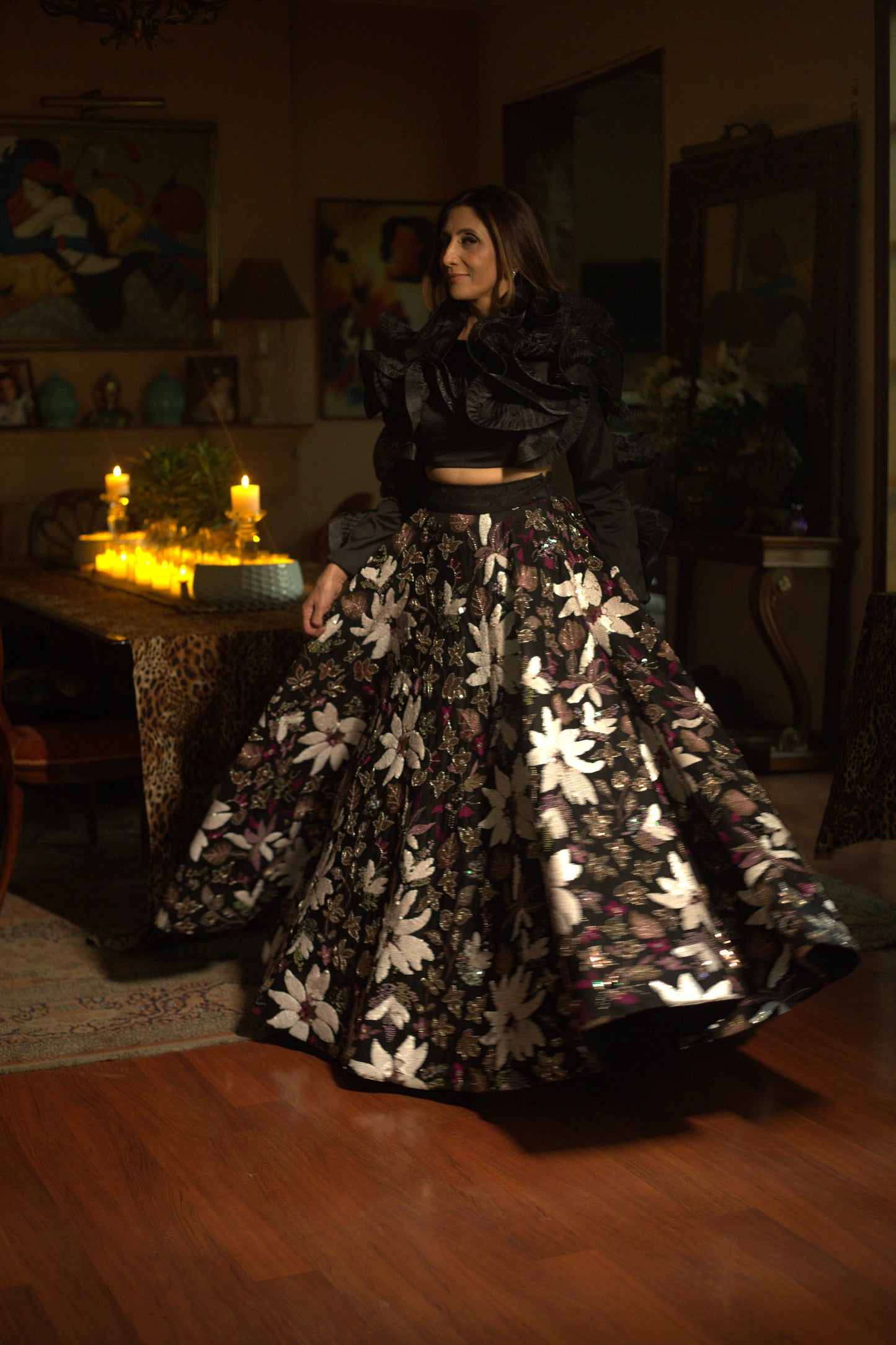 Black Ruffle Crop Top & Heavy Floral Embroidered Skirt