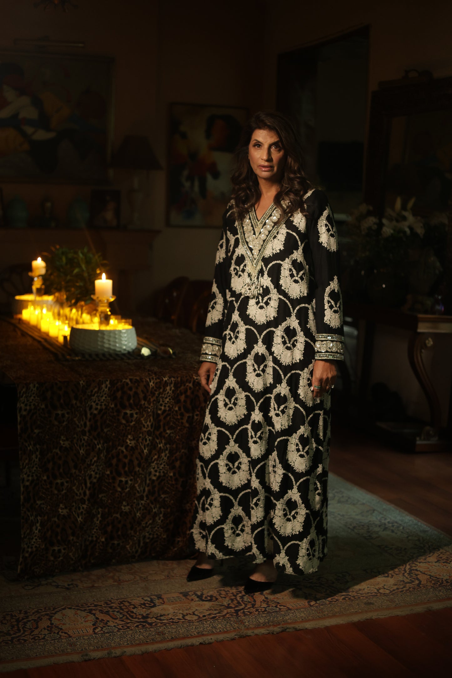 Black & Ivory Embroidered Long Kaftan