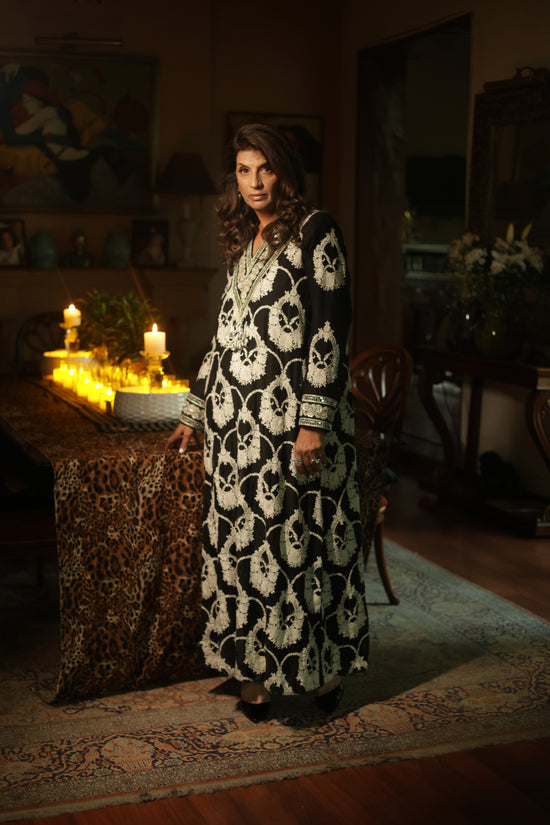 Black & Ivory Embroidered Long Kaftan