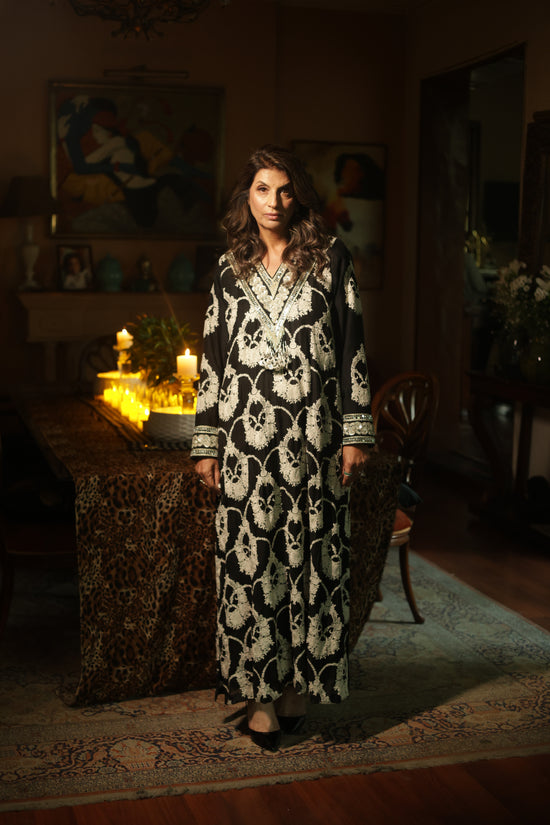 Black & Ivory Embroidered Long Kaftan