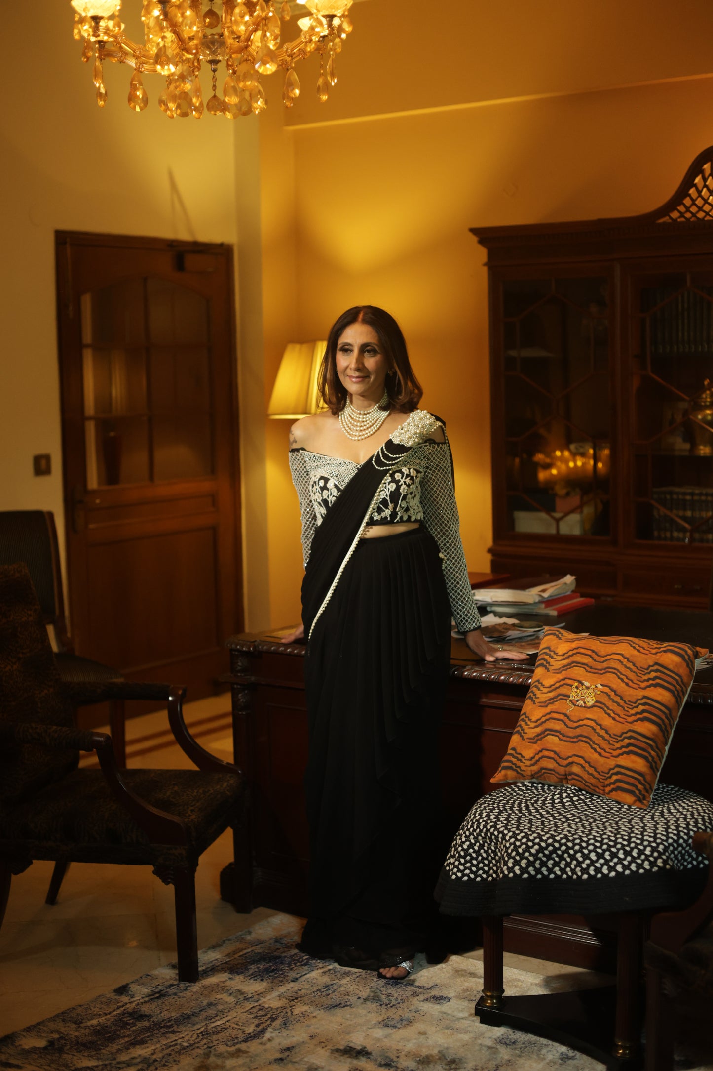 Black Pre-Draped Saree with Ivory Embroidered Off-Shoulder Blouse