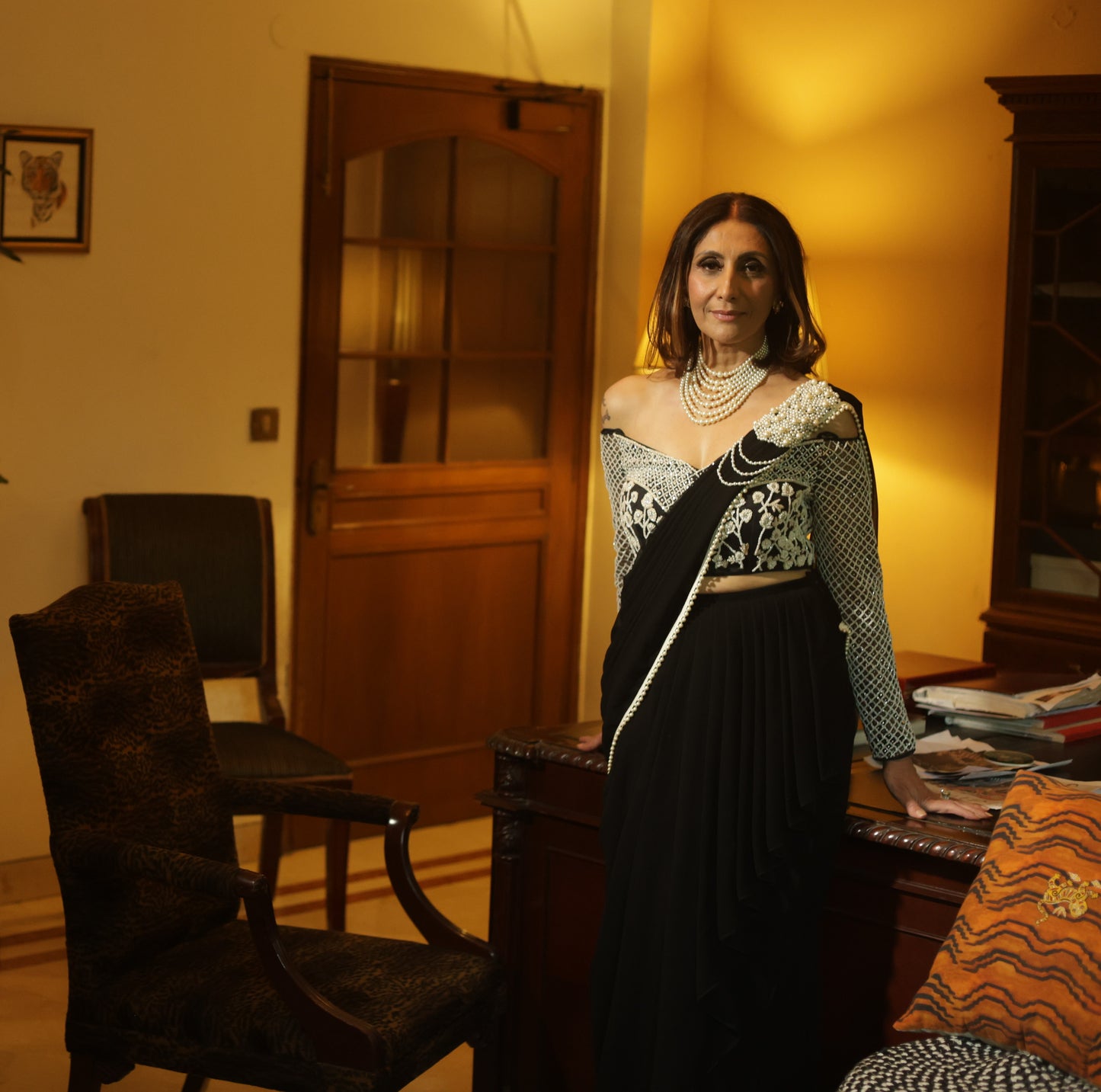 Black Pre-Draped Saree with Ivory Embroidered Off-Shoulder Blouse