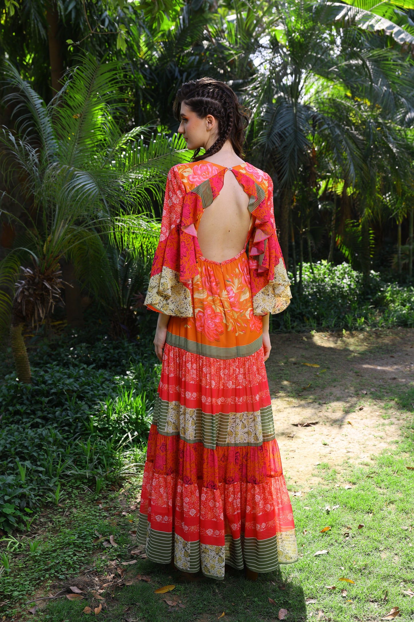 Orange Floral Printed Tiered Maxi Dress with Flared Sleeves