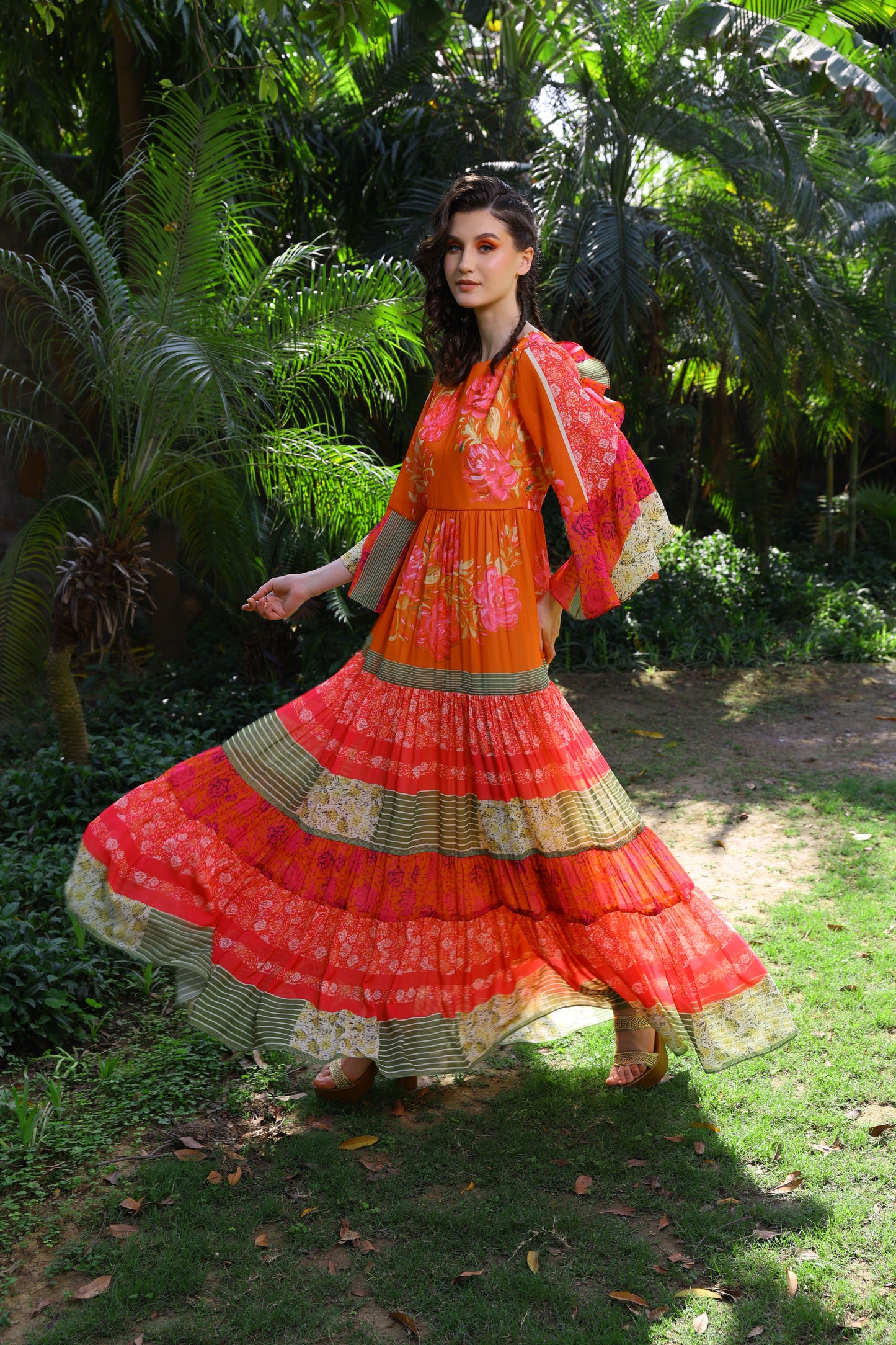 Orange Floral Printed Tiered Maxi Dress with Flared Sleeves