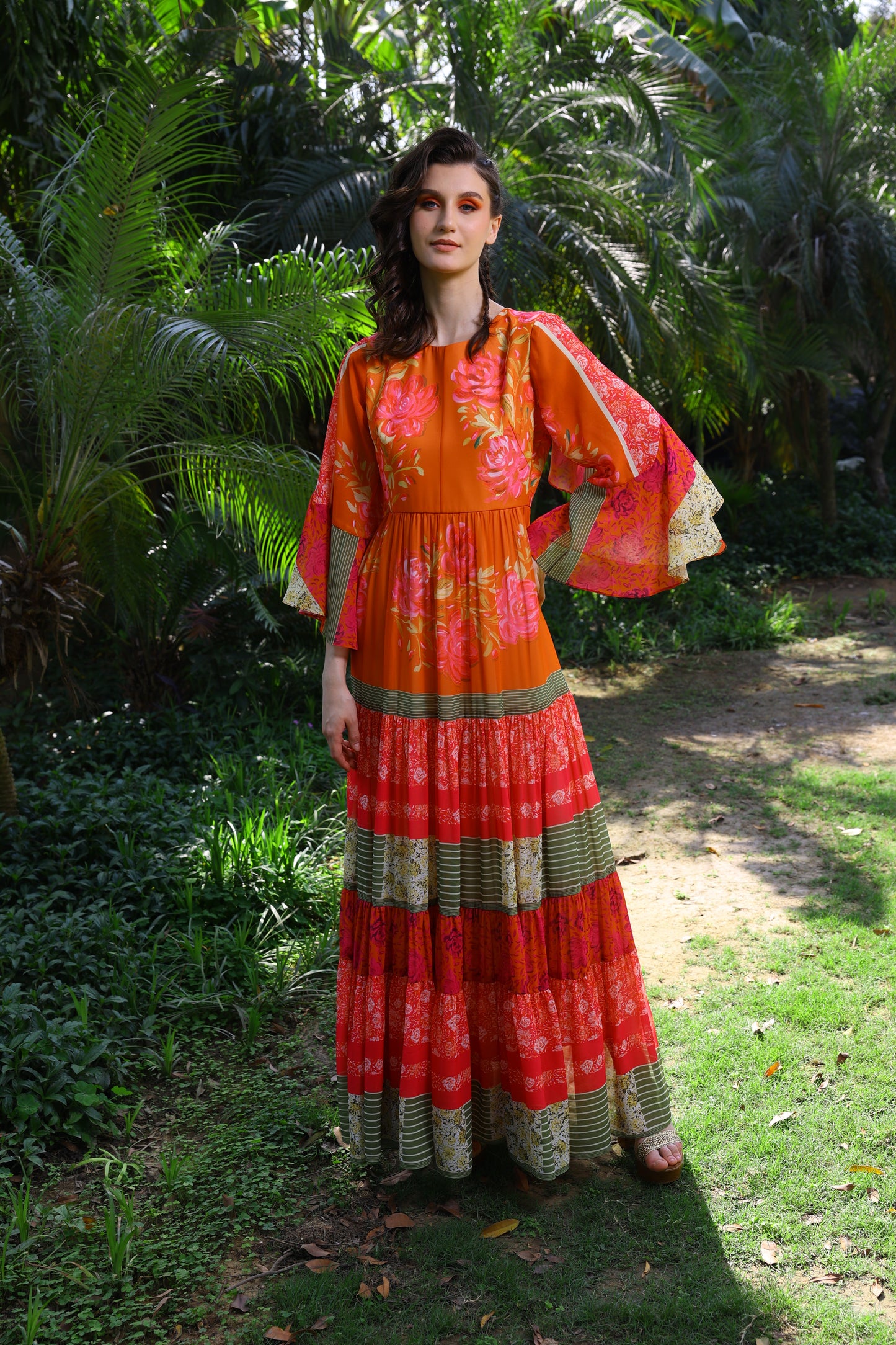 Orange Floral Printed Tiered Maxi Dress with Flared Sleeves