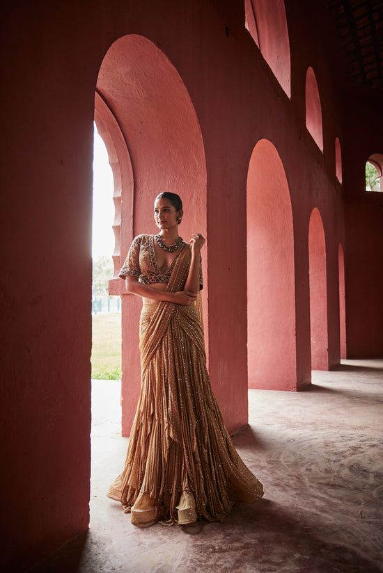 Designer Drape Saree in Almond Color