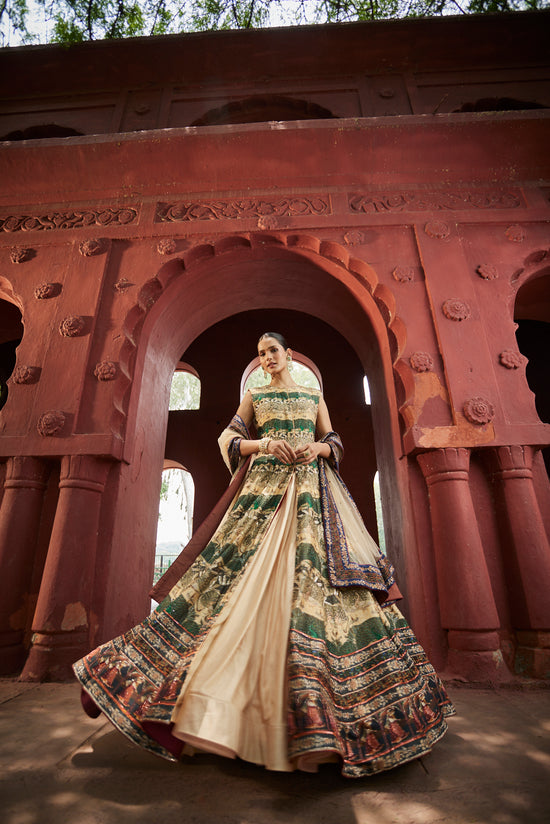 green and beige lehenga set  with long jacket 