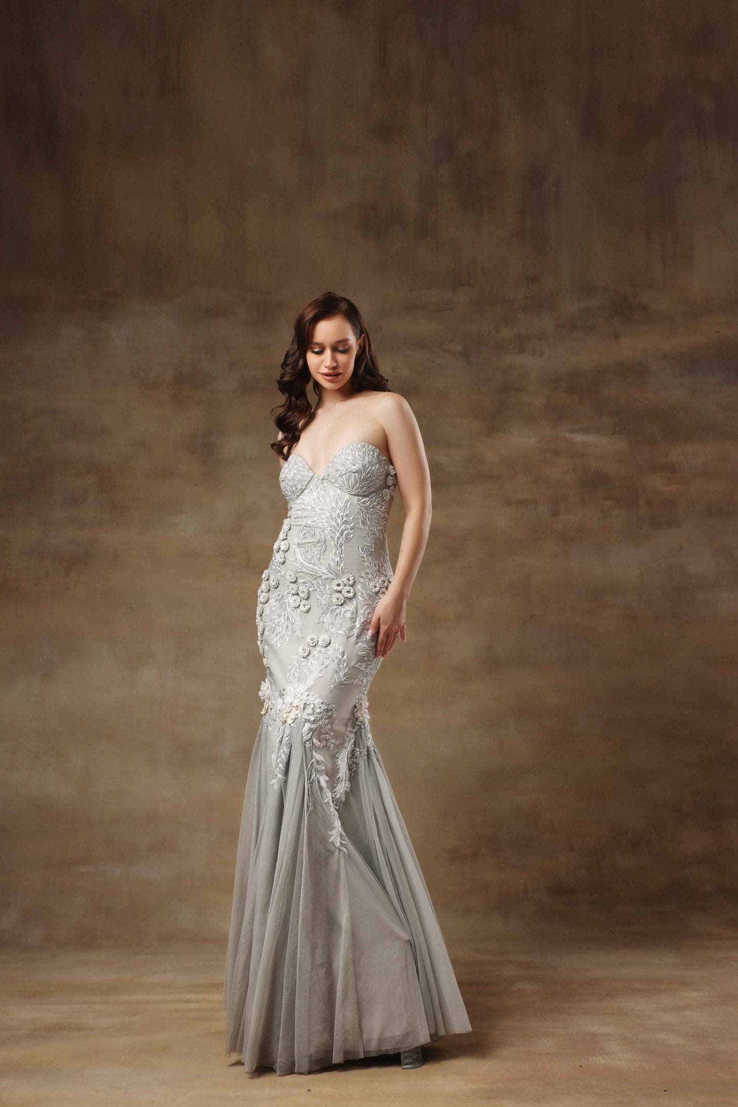 gray designer dresses Gothic Grey Blue Sequin Evening Gown with Sheer Long Sleeves