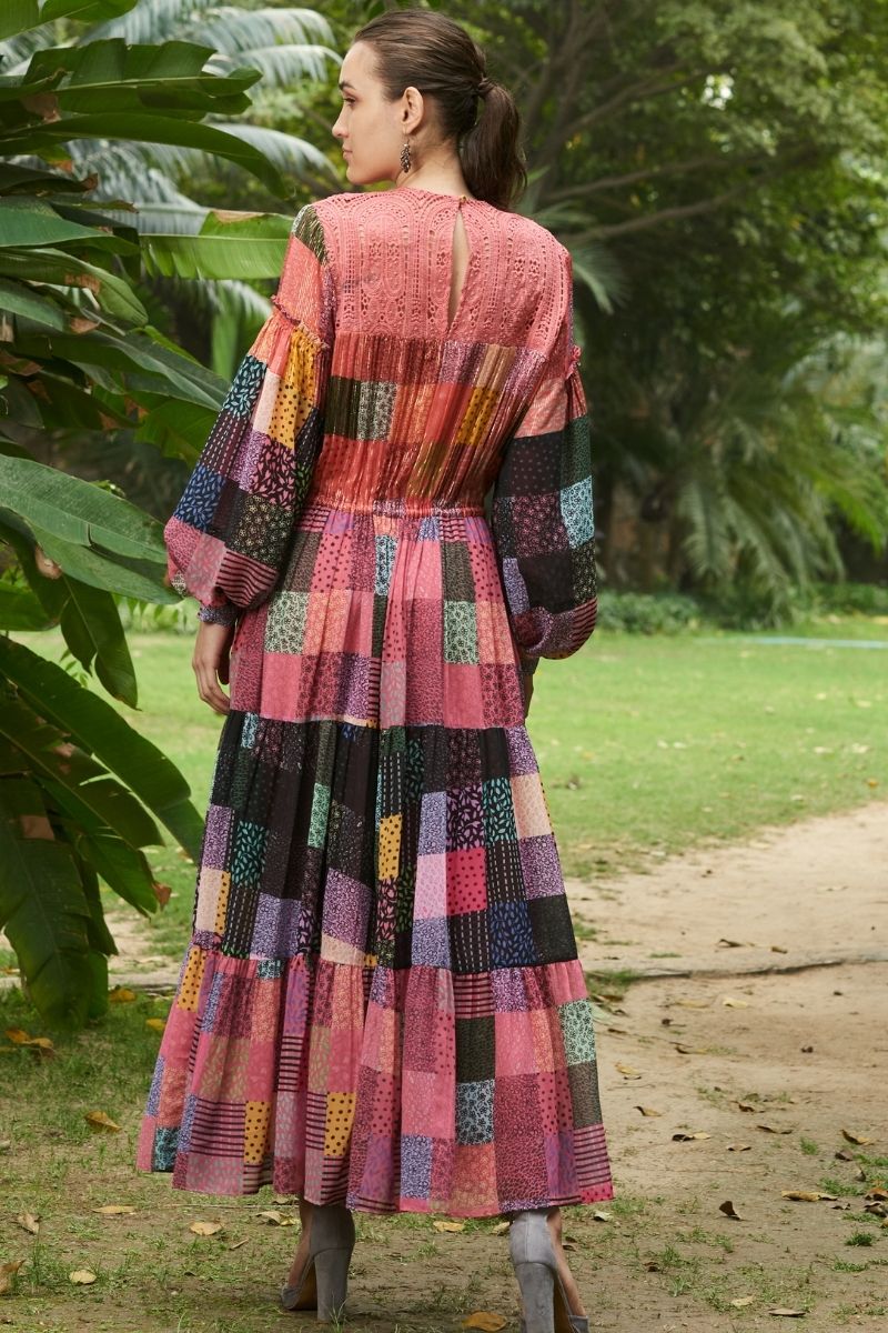 Bohemian Patchwork Maxi Dress with Drawstring Waist