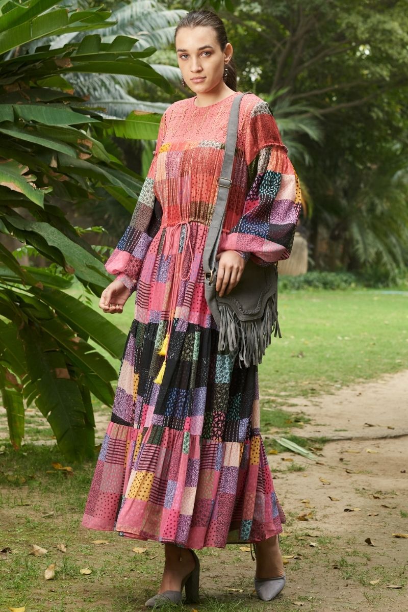 Bohemian Patchwork Maxi Dress with Drawstring Waist