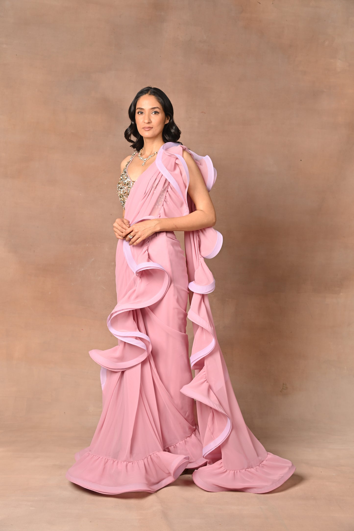 Exquisite Pink Designer Drape Saree with Frill