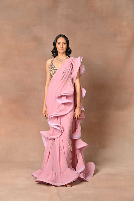 Exquisite Pink Designer Drape Saree with Frill