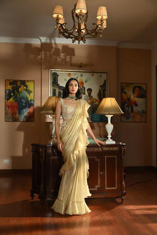 Exquisite Beige Designer Drape Saree