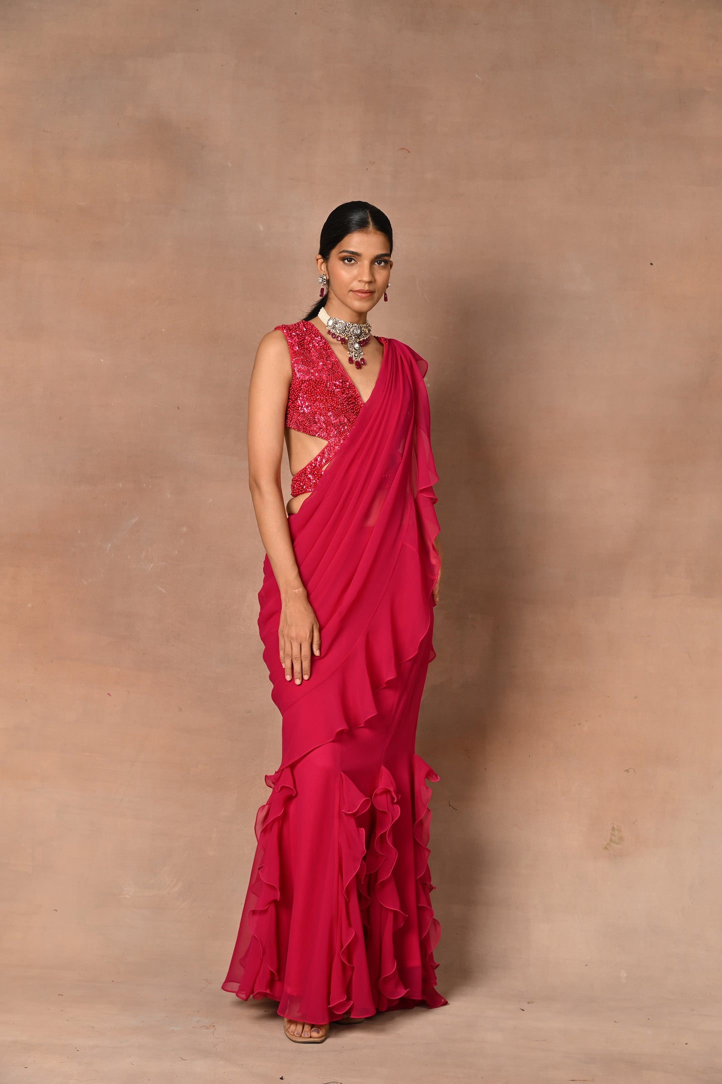 Exquisite Red Drape Saree