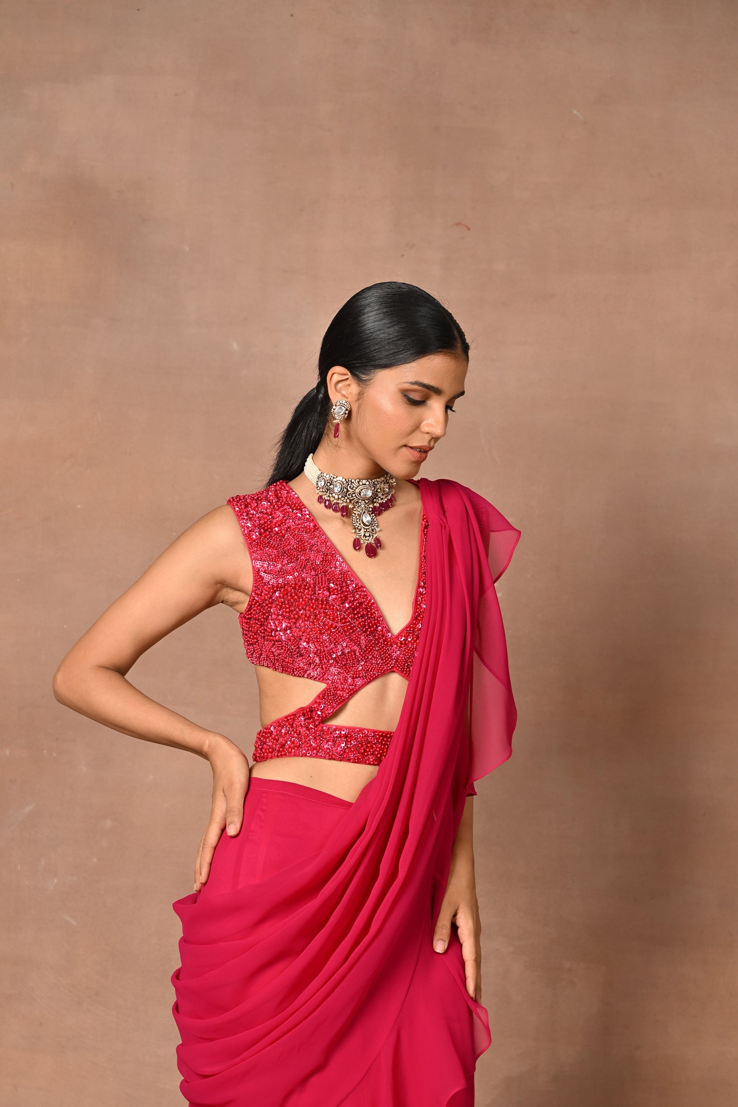 Exquisite Red Drape Saree