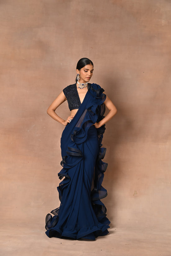 Blue Drape Saree With Frill