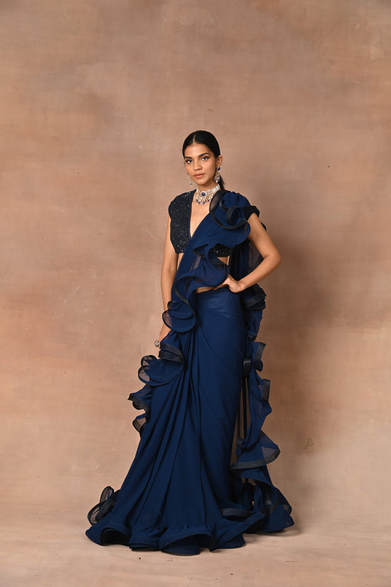 Blue Drape Saree With Frill