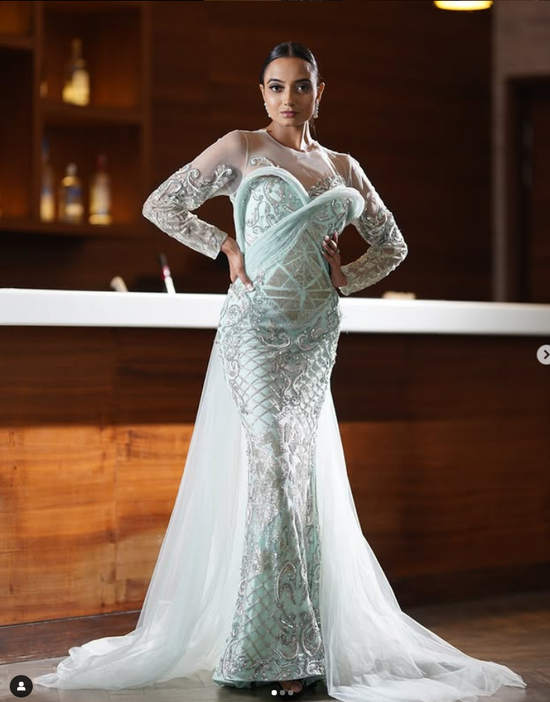 Mint Green Sheer Sleeve Gown with Silver Embellishments and Tulle Trail M Mint Green Sheer Sleeve Gown with Silver Embellishments and Tulle Trail M