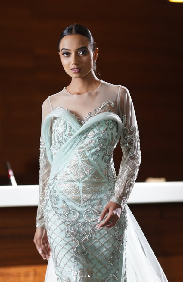 Mint Green Sheer Sleeve Gown with Silver Embellishments and Tulle Trail M Mint Green Sheer Sleeve Gown with Silver Embellishments and Tulle Trail M