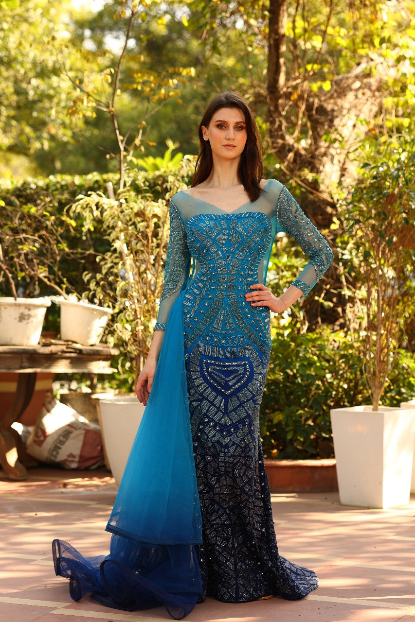 Royal Blue Ombre Sequinned Gown – Mynah Designs