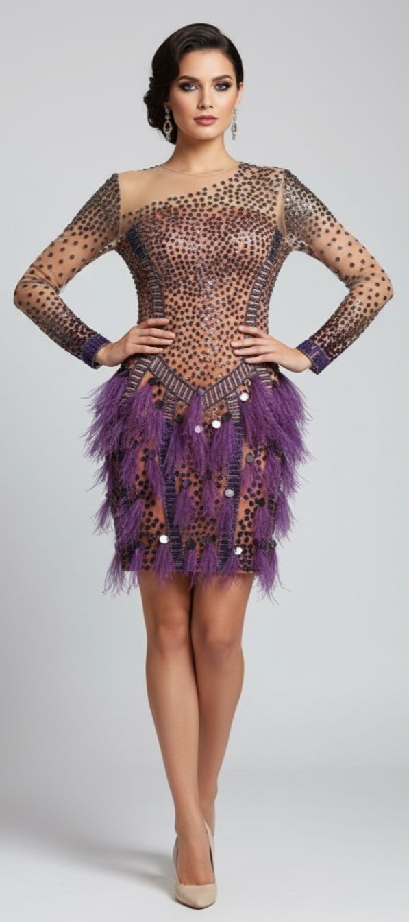 Purple Feather Embellished Sheer Party Dress