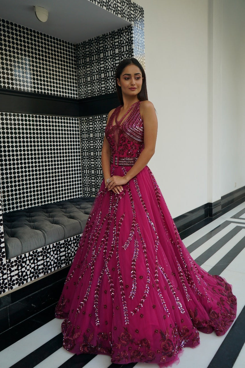 Fuchsia Embellished Ball Gown – Luxury Sequin & Beaded Evening Dress