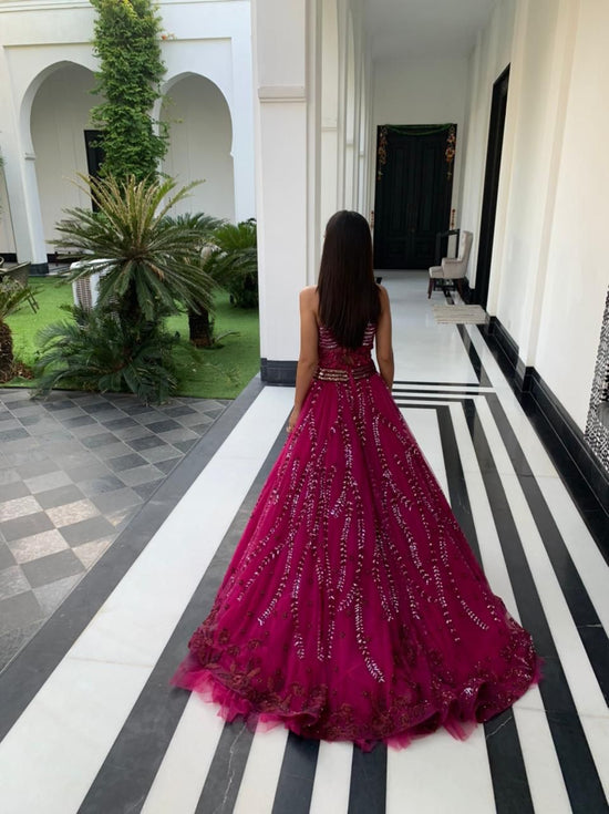 Fuchsia Embellished Ball Gown – Luxury Sequin & Beaded Evening Dress