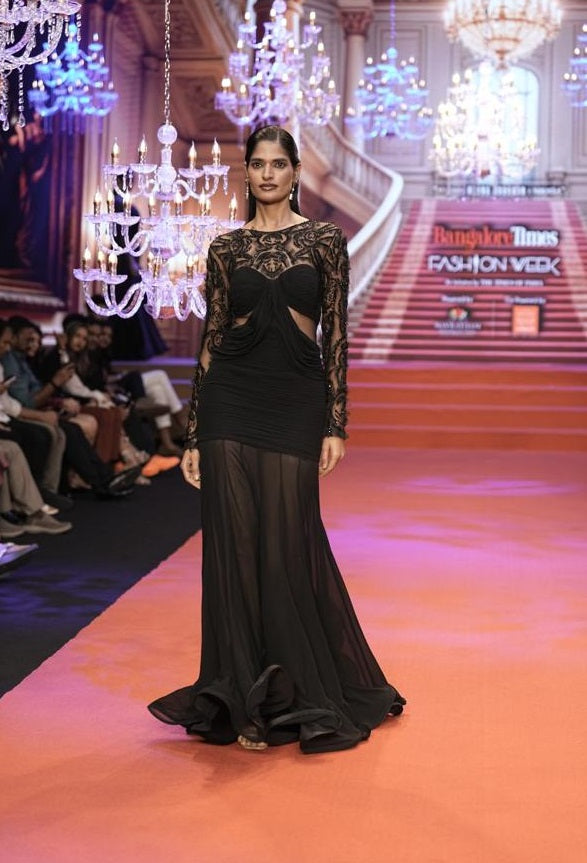 Black Lace Cut-Out Evening Gown with Sheer Hem