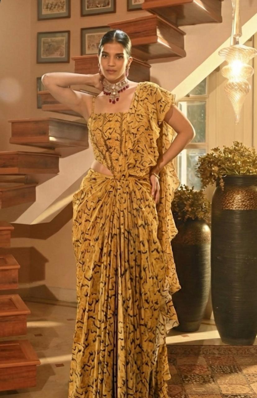 Mustard Printed Draped Co-Ord Set with Ruffled Pallu