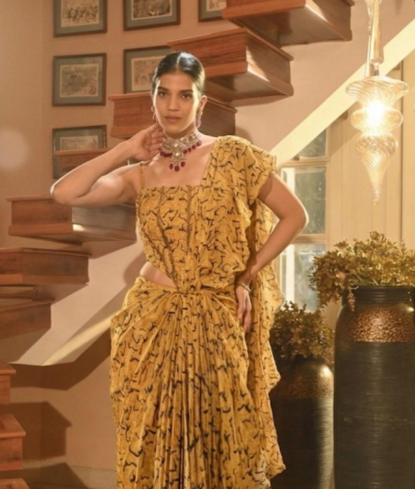 Mustard Printed Draped Co-Ord Set with Ruffled Pallu