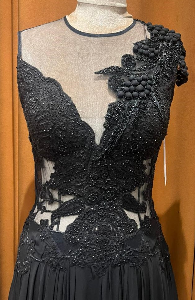 Elegant Black Embellished Evening Gown with Sheer Bodice