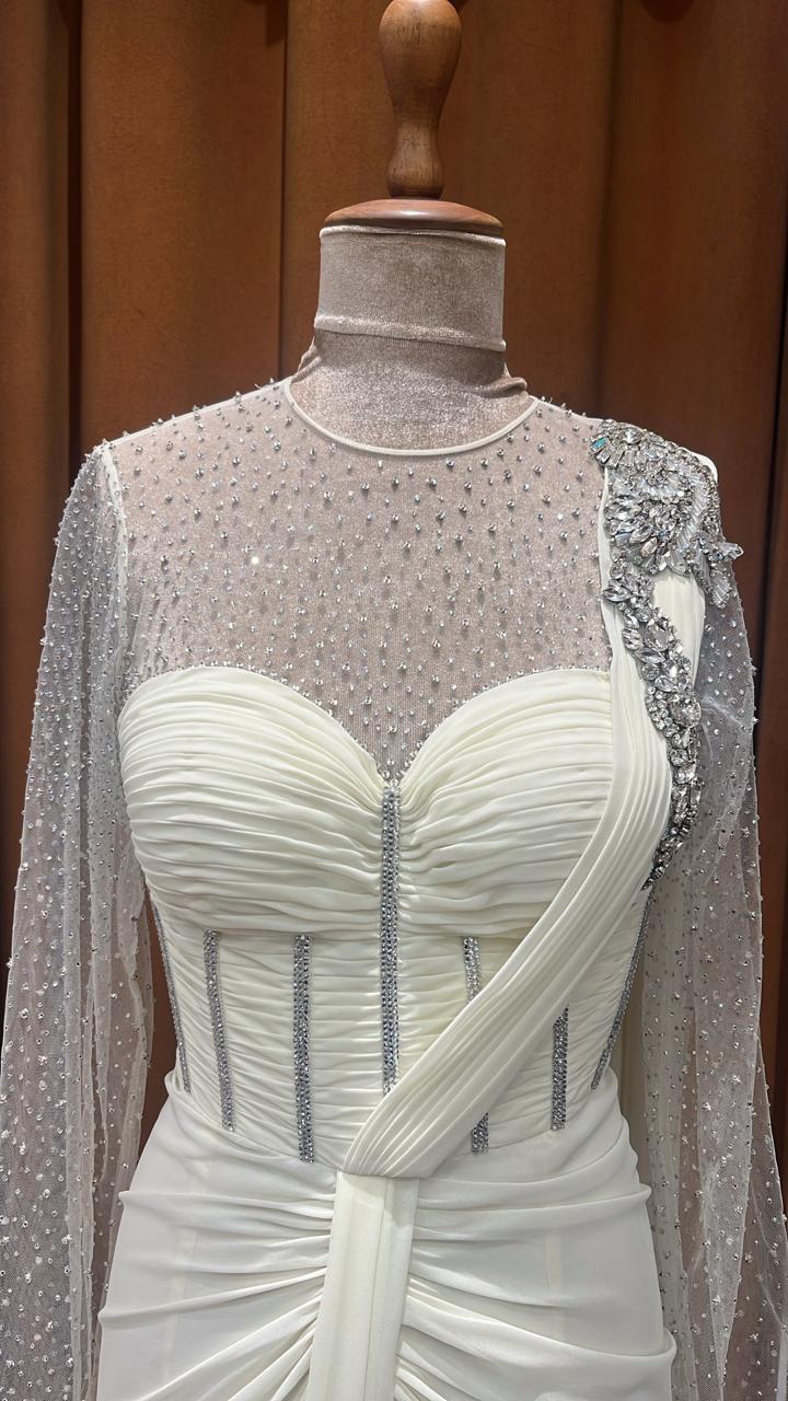 Ivory Embellished Drape Saree  with Sheer Full Sleeves