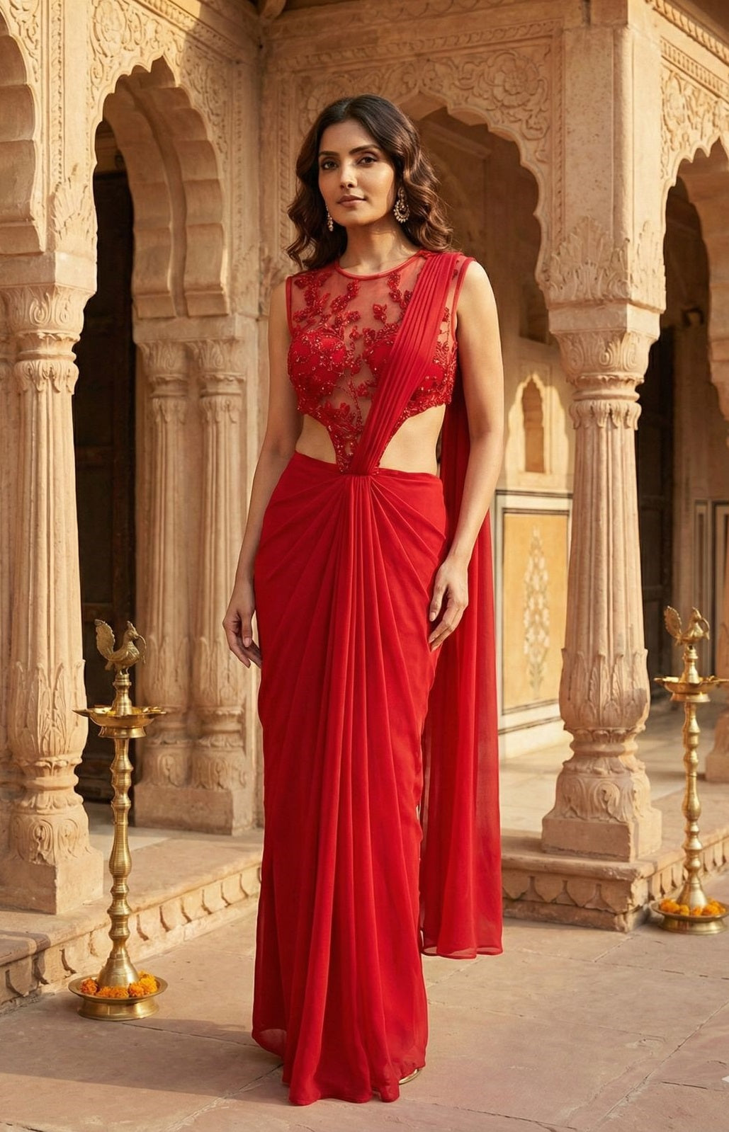 Designer Red Embroidered Cut-Out Saree with Contemporary Blouse