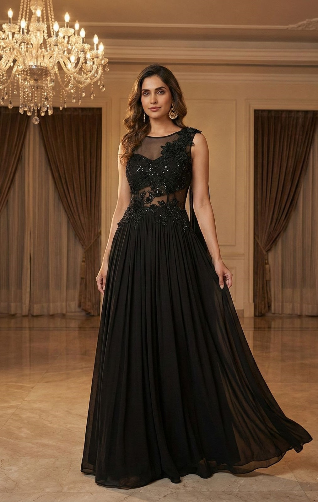 Elegant Black Embellished Evening Gown with Sheer Bodice