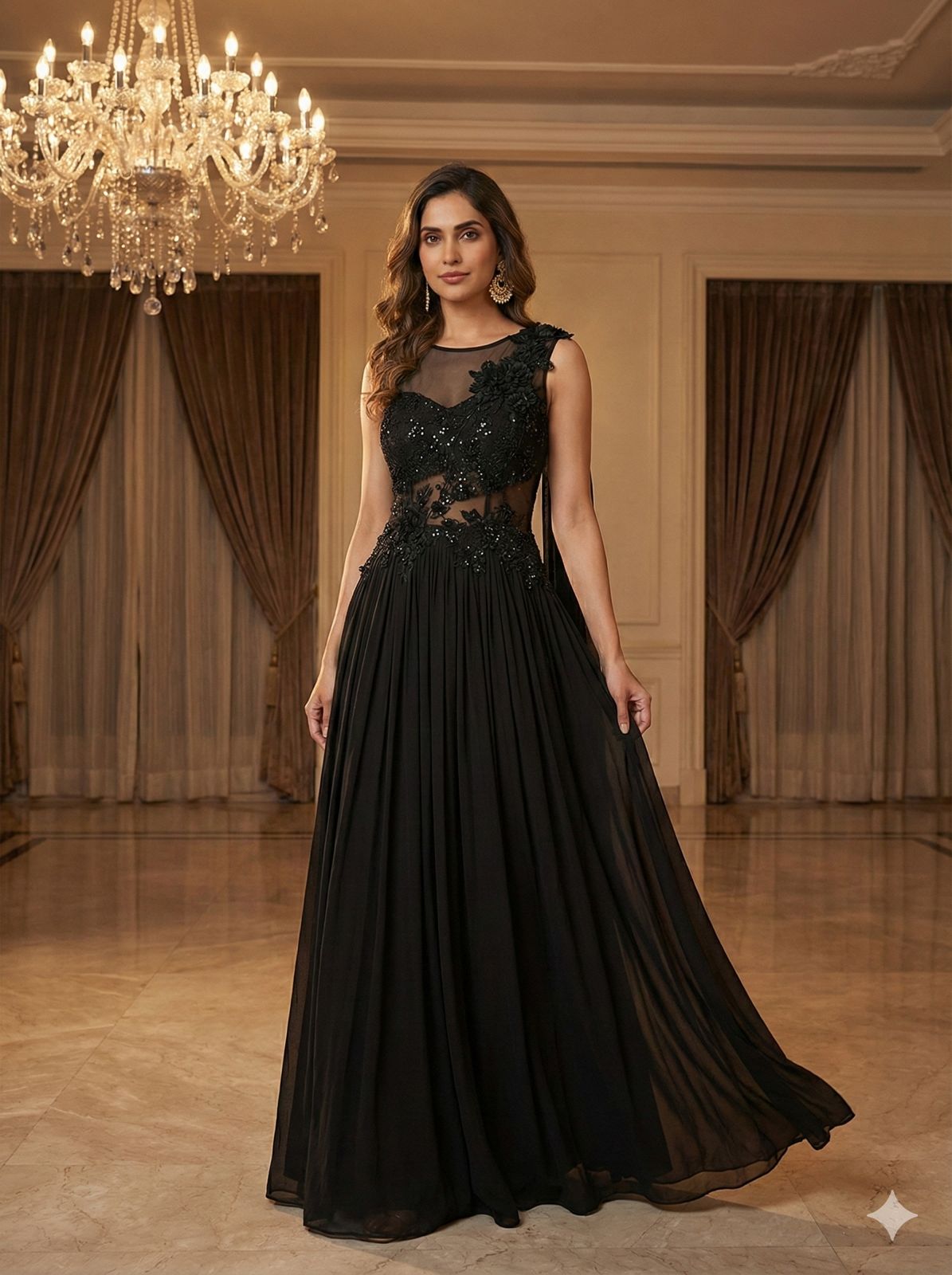 Elegant Black Embellished Evening Gown with Sheer Bodice