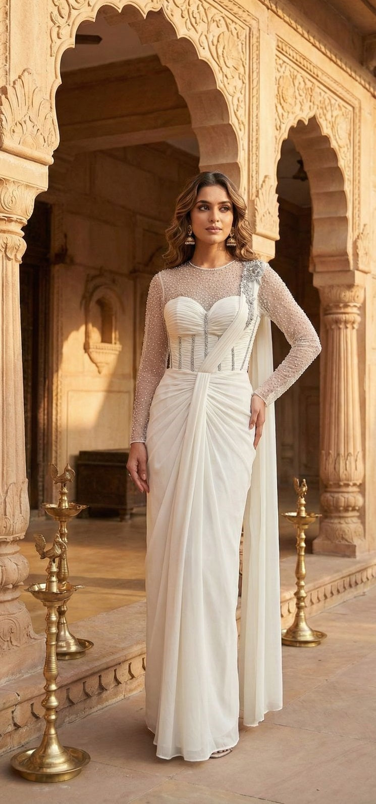 Ivory Embellished Drape Saree  with Sheer Full Sleeves