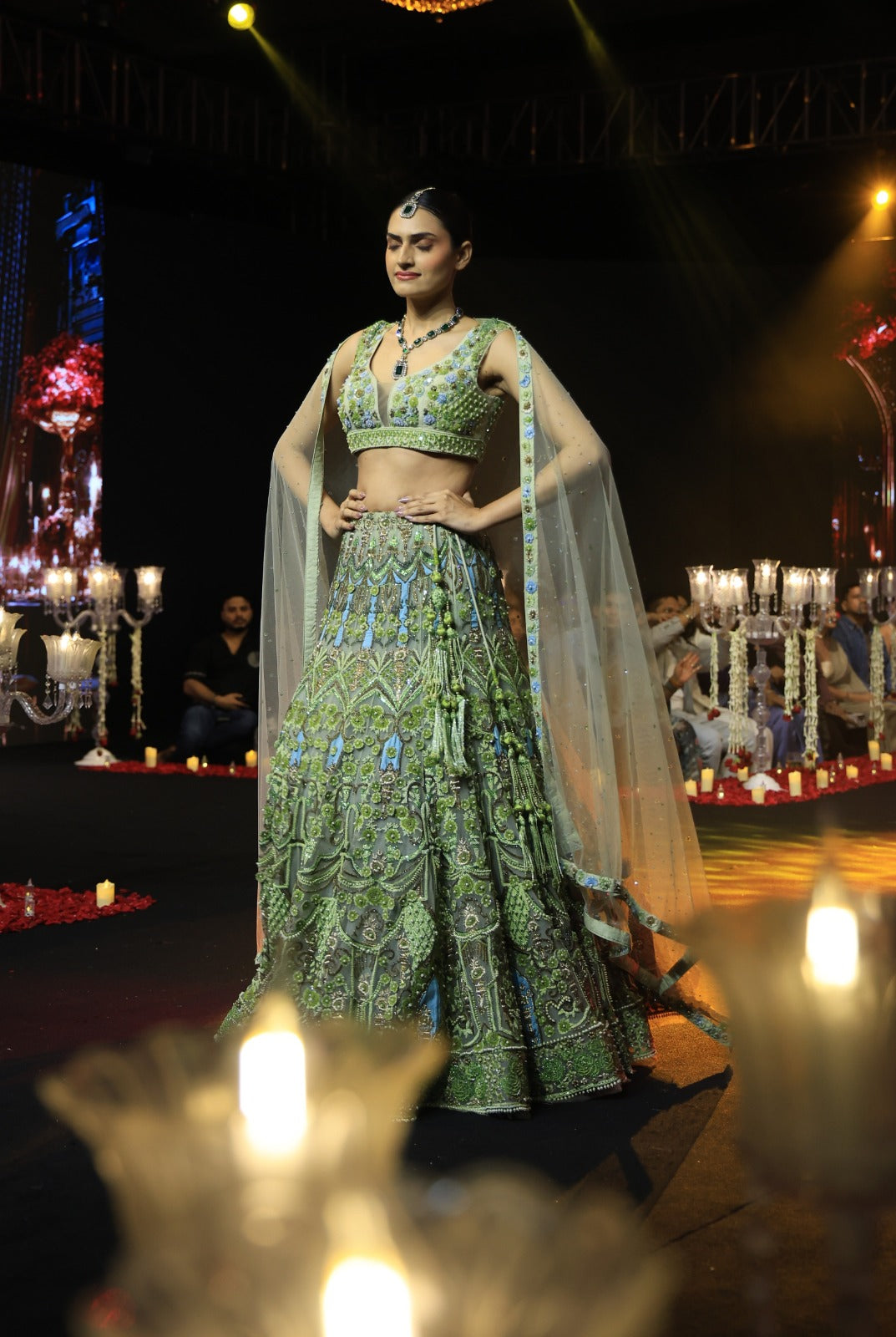 Designer Green Hand-Embroidered Lehenga Set with Sheer Dupatta