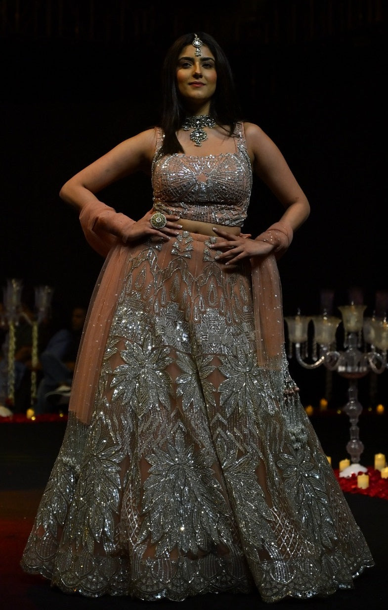 Champagne Gold Hand-Embroidered Lehenga Set with Sheer Dupatta