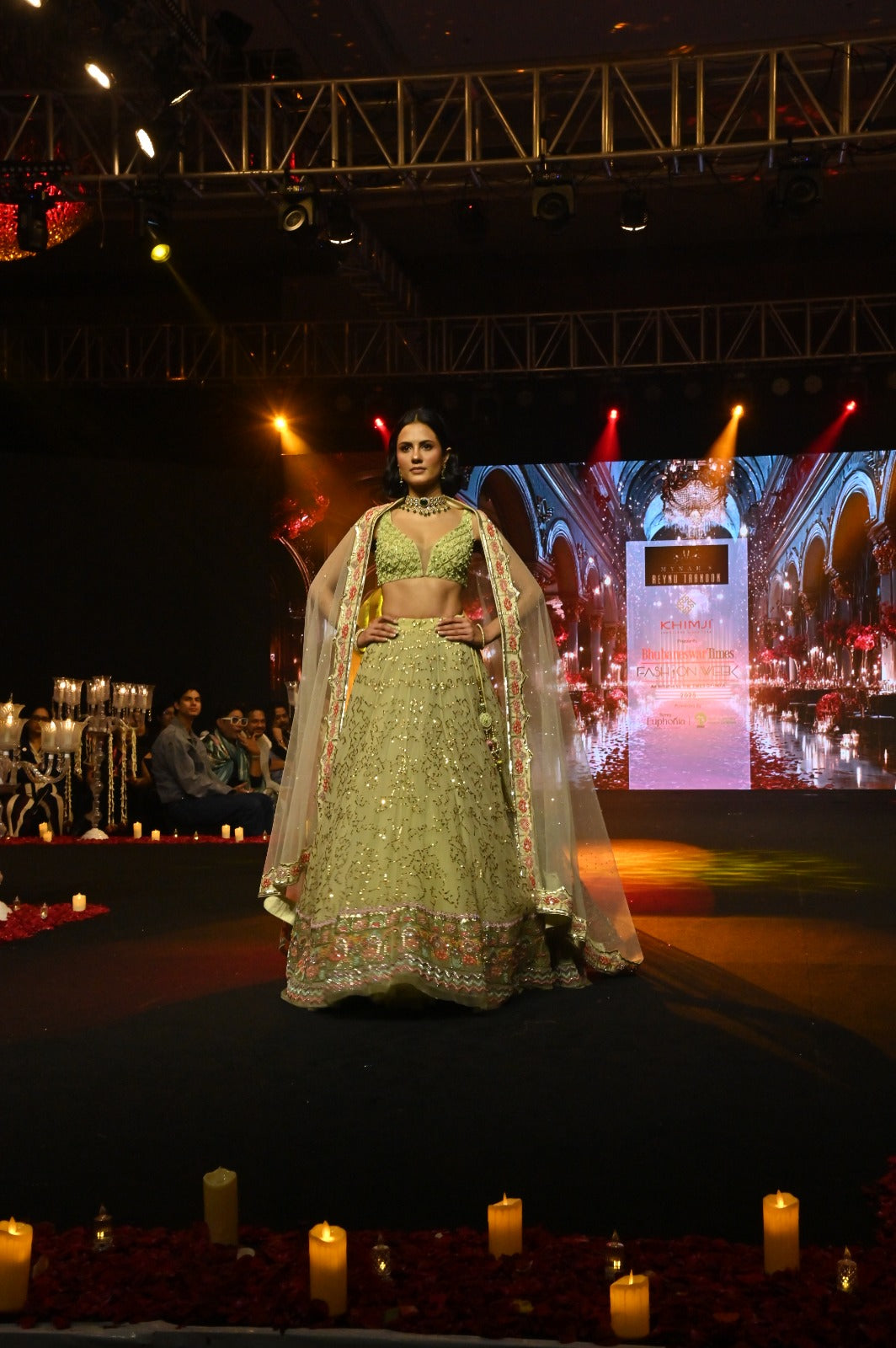 Olive Green Hand-Embroidered Lehenga Set with Sheer Dupatta