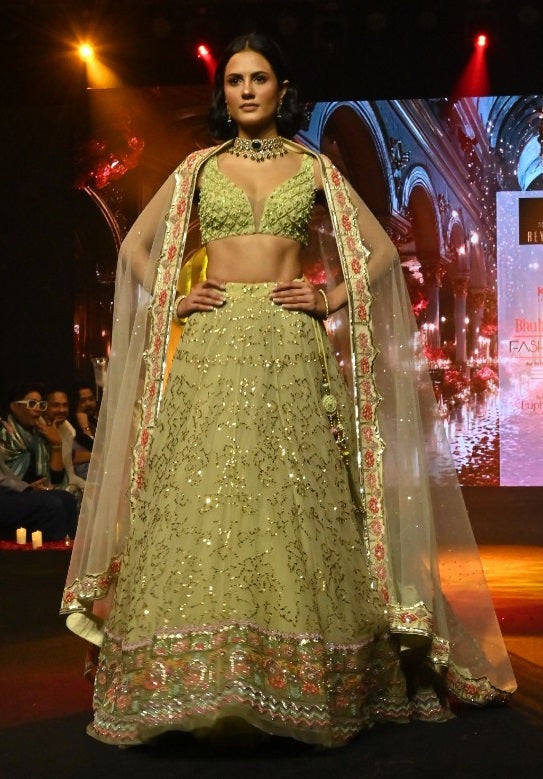 Olive Green Hand-Embroidered Lehenga Set with Sheer Dupatta