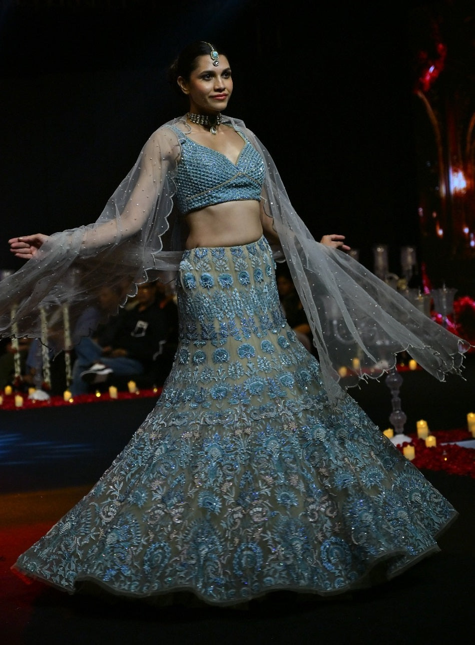 Powder Blue Hand-Embroidered Lehenga Set