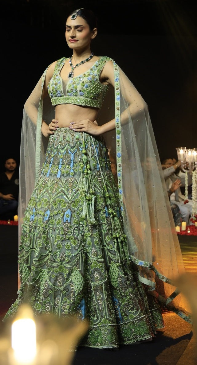 Designer Green Hand-Embroidered Lehenga Set with Sheer Dupatta