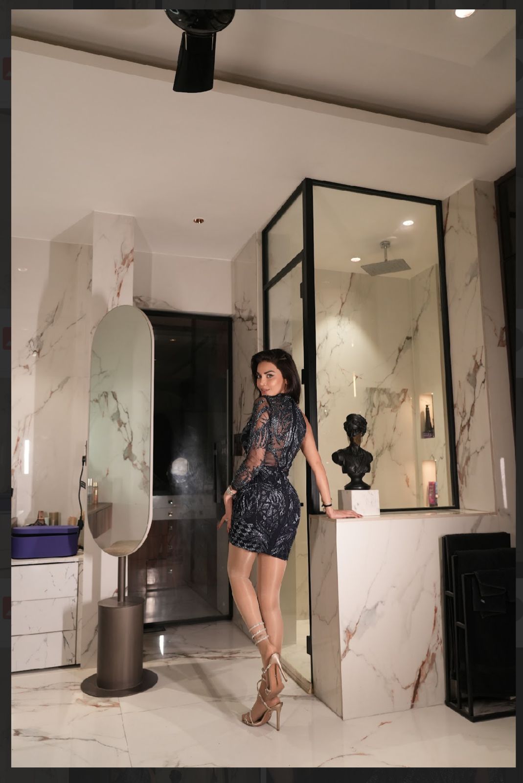 Navy Blue One-Shoulder Sequin Cocktail Mini Dress