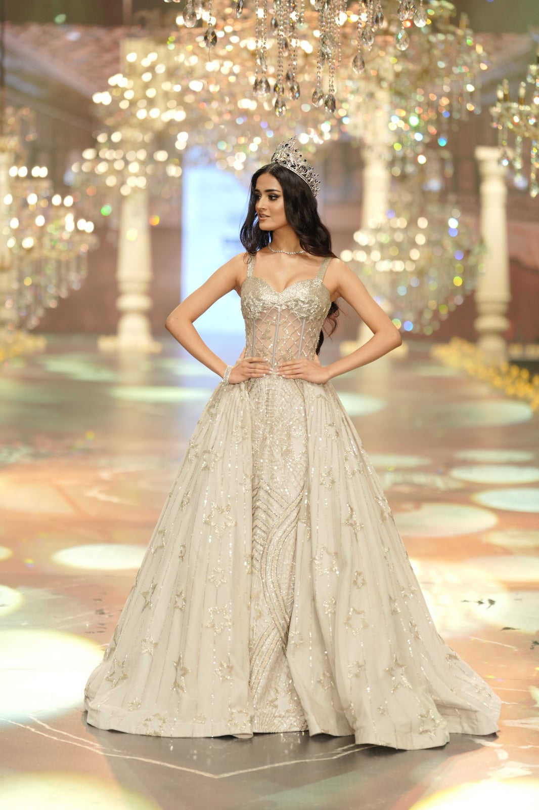 Ivory Crystal-Embellished Corset Gown with Star Motif Overlay – Mynah Designs