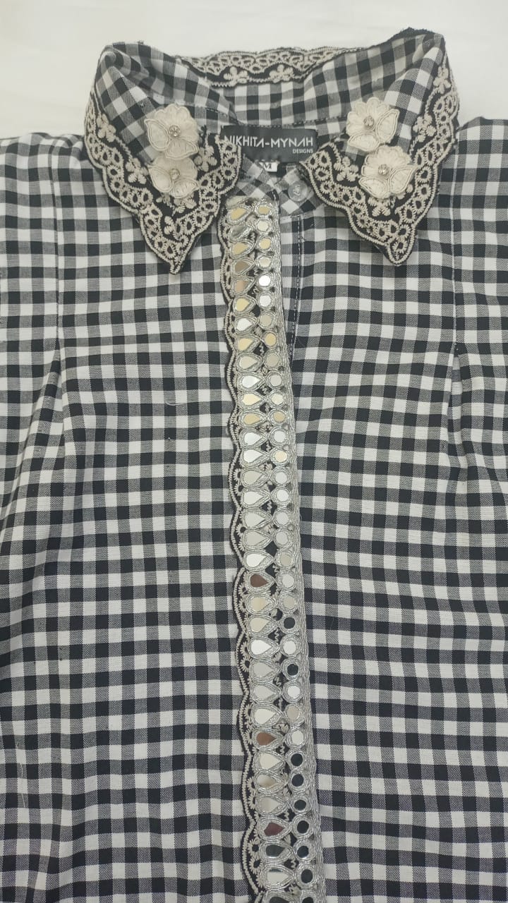 Black & White Gingham Shirt Top with Lace Trim Collar
