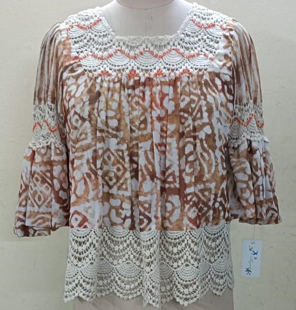 Women’s Brown Printed Lace Detail Top – Elegant Casual Upper