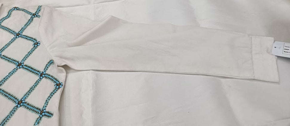 Women’s White Cotton Shirt with Blue Geometric Embroidery