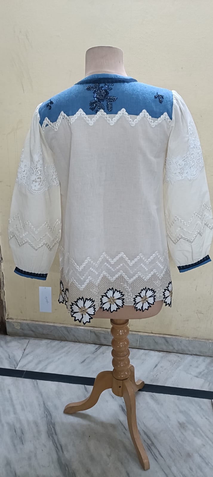 White Embroidered Tunic Top with Blue Yoke & Tassel Tie-Up