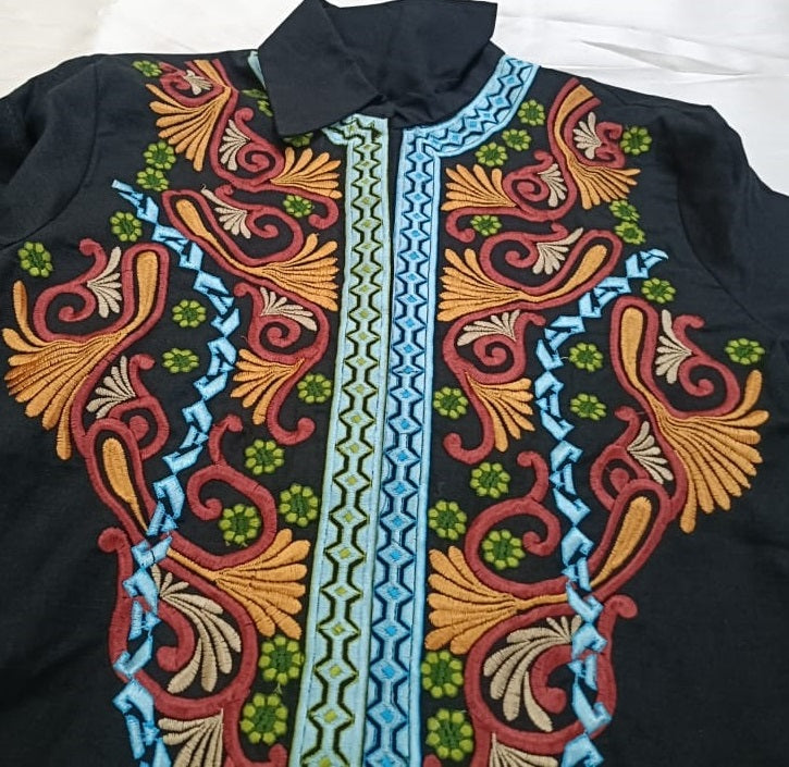 Black Embroidered Statement Shirt Top